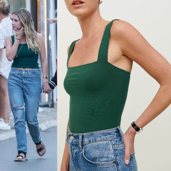 Reformation Tops - Reformation Canyon Knit Tank Emerald Green Ribbed Square Neck Cropped B3